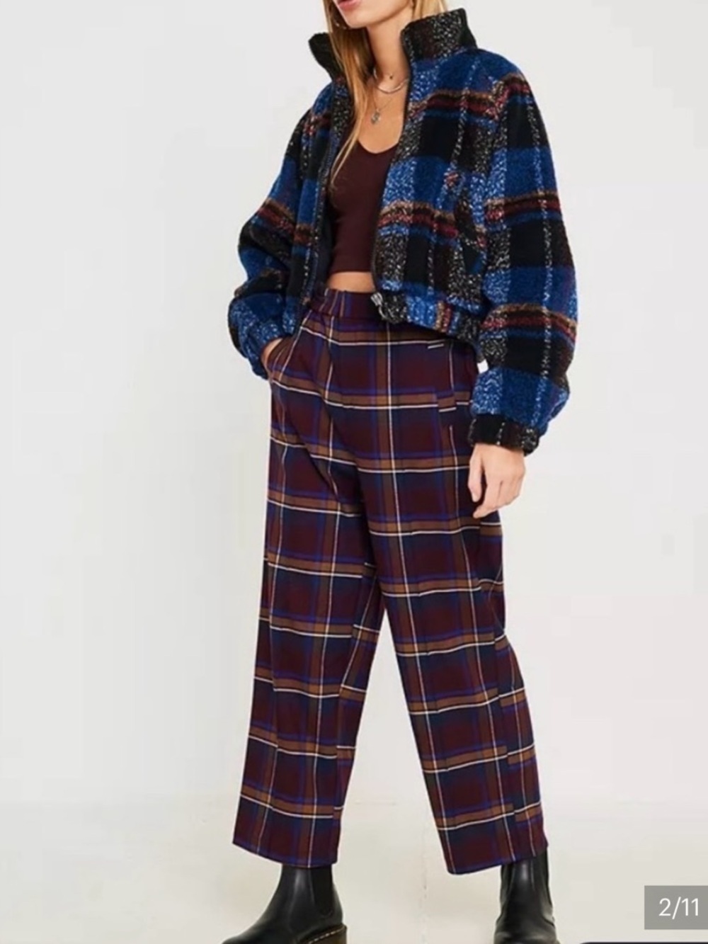 Urban Outfitters Plaid Pleated Crop Trousers, S, Burgundy & Blue